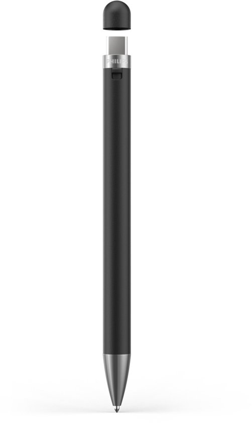 Zwarte pen met zilverkleurige punt. De dop is eraf gehaald, met zichtbare USB-C connector.