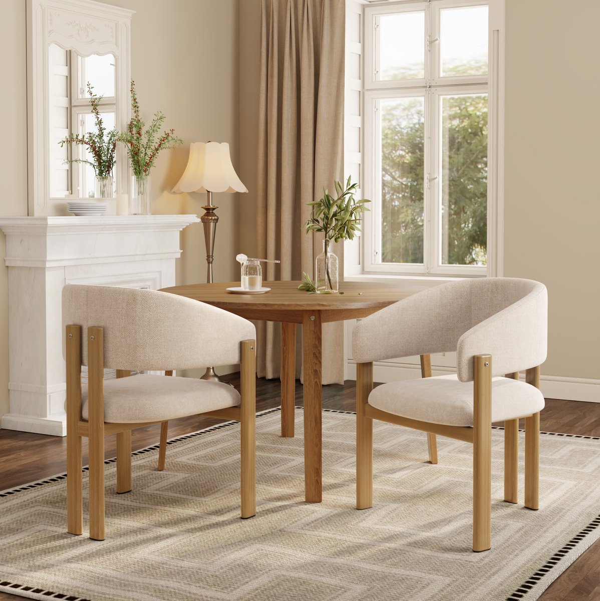 Eetkamerstoel Met Armleuningen - Metalen Frame Met Houtnerf - Modern Voor Eetkamer, Woonkamer En Thuiswerkplek - Beige