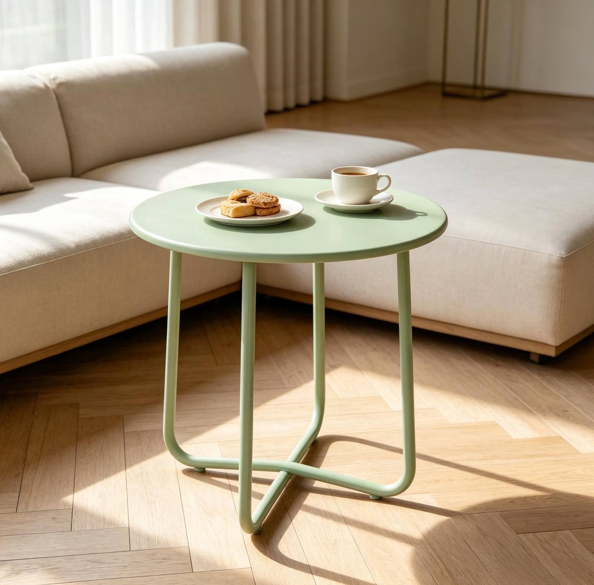 REDOM - Tuintafel - Rond tafelblad - Kruisvormig onderstel - Verstelbare nivelleervoeten - Minimalistisch design - Buitenruimte - Metaal - Groen - Ø 48 x 51 cm