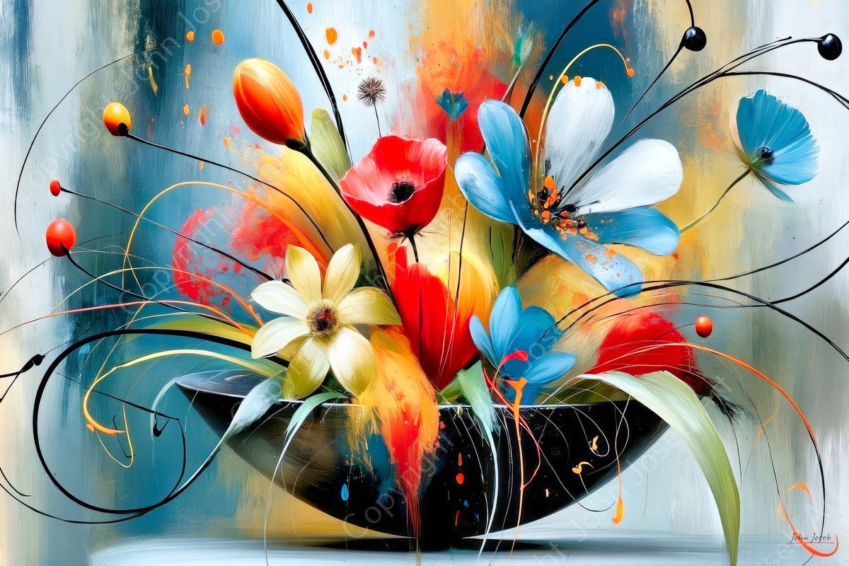 John Joseb Art (Glas) 120x80 | Wilde bloemen in een schaal, stilleven, abstract, kleurrijk, klaproos, bloem, kunst, rood, bruin, geel, blauw, groen, modern | Foto-schilderij-glasschilderij-acrylglas-acrylaat-wanddecoratie