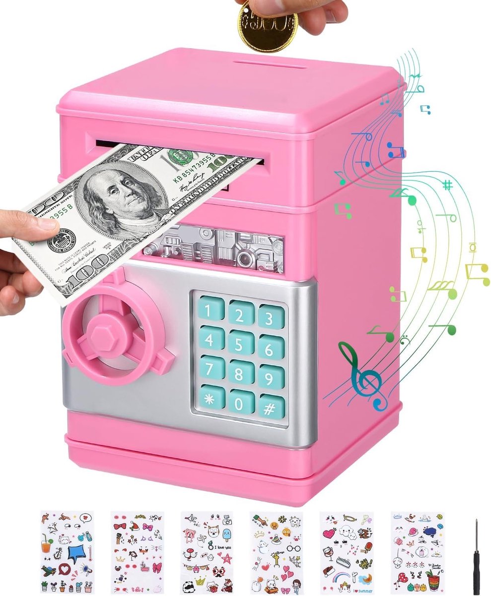 Veilige Spaarbox voor Kinderen, Elektronische Geldbox met Automatische Wachtwoordbeveiliging, Mini ATM en Geldrolfunctie, Perfect Cadeau voor Jongens en Meisjes, Roze