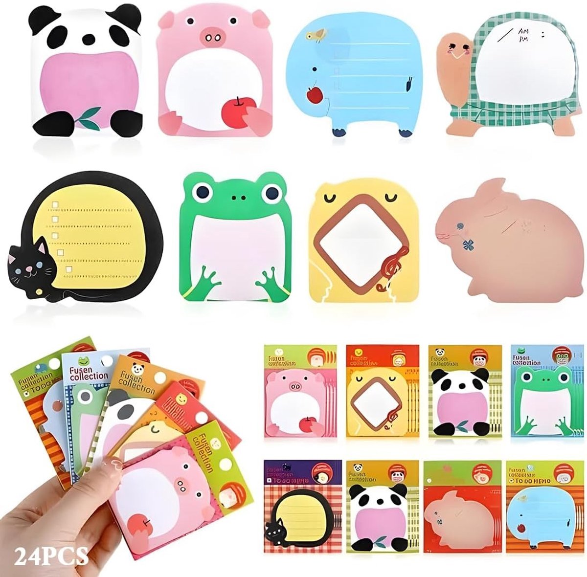 Kleurige zelfklevende notities met cartoon dieren - 24 stuks, perfect voor kinderen en als kleine cadeaus, verschillende stijlen