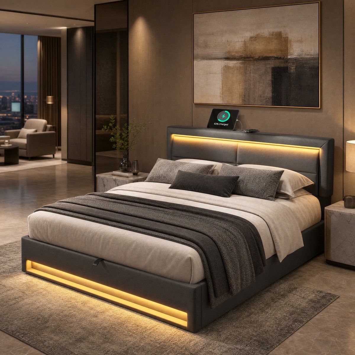 Polsterbett 140 x 200 cm, met USB-Aansluiting (ondersteunt draadloos en bedraad laden), met LED-verlichting en opbergruimte, zonder matras, PU-Litschi patroon, Grijs