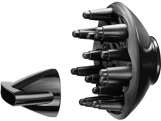 Zwarte diffuser en smal mondstuk voor een LAFE haardroger.
