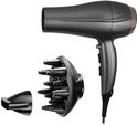 Donkergrijze LAFE haardroger, 2200W, met afneembare diffuser en smalle mondstuk.