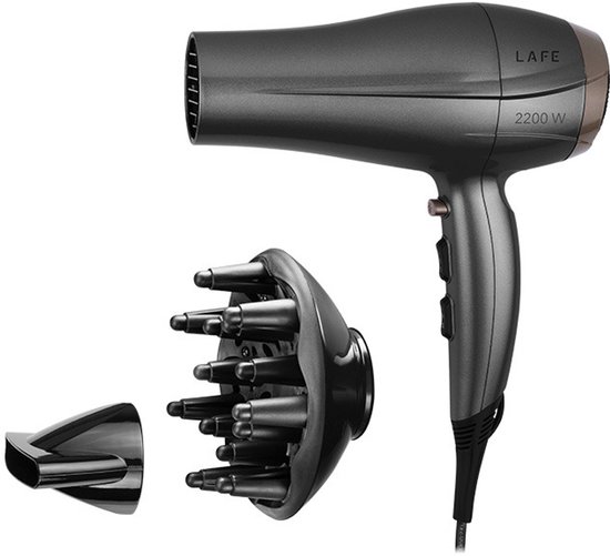 Donkergrijze LAFE haardroger, 2200W, met afneembare diffuser en smalle mondstuk.