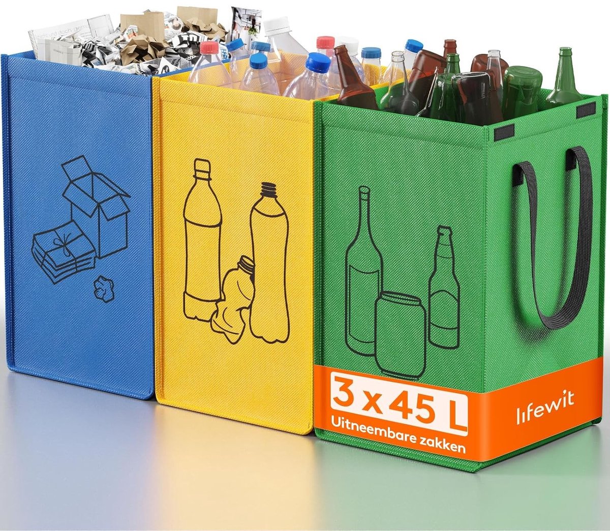 Afval scheidingssysteem voor de keuken, prullenbak met 3 compartimenten voor papier, glas en plastic, recyclingcontainers en afvalinzamelingsoplossingen, 3 x 45 l, eenvoudig te gebruiken