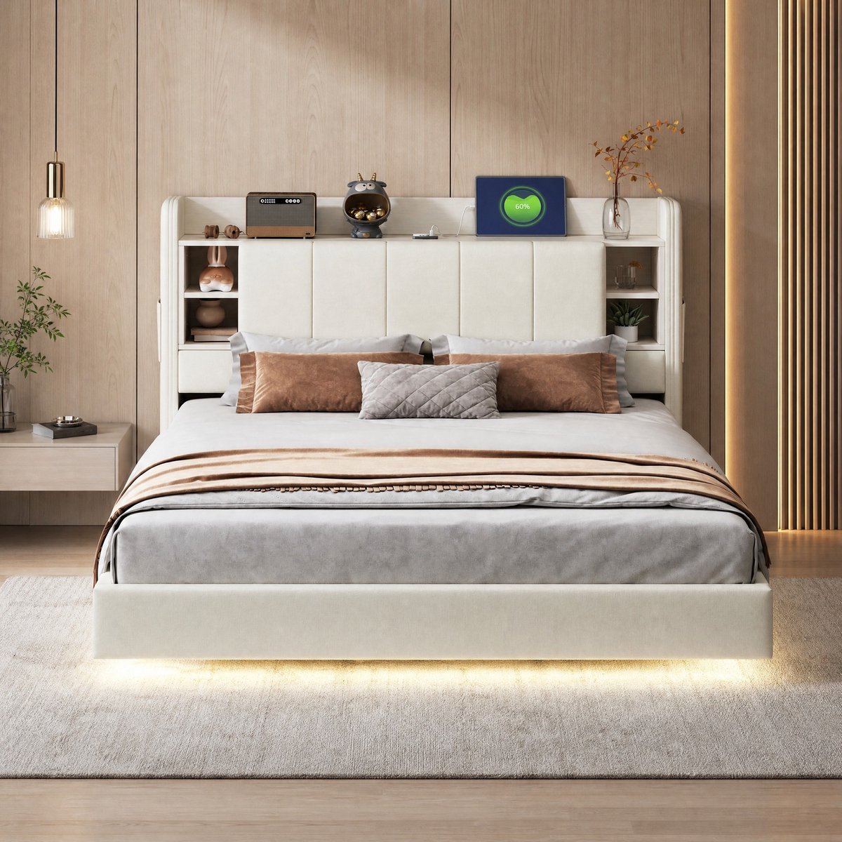 COVREO Polsterbed met USB en LED-licht – 214,5x165x114 cm – Tweepersoonsbed met opbergruimte – Bedframe – Beige - zonder matras