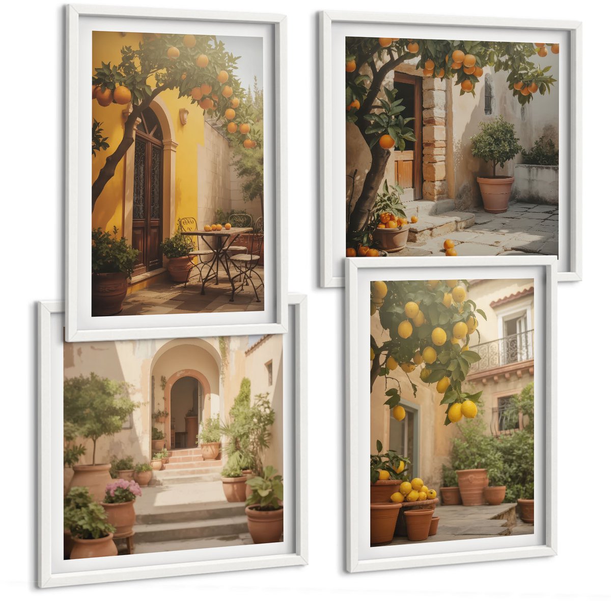 Coloray 4-Delige Schilderij Set - Zonnig Terras Met Citrusbomen En Potten. - 40 x 40 En 40 x 60 - Wanddecoratie - Muurdecoratie - Moderne Interieurdecoratie
