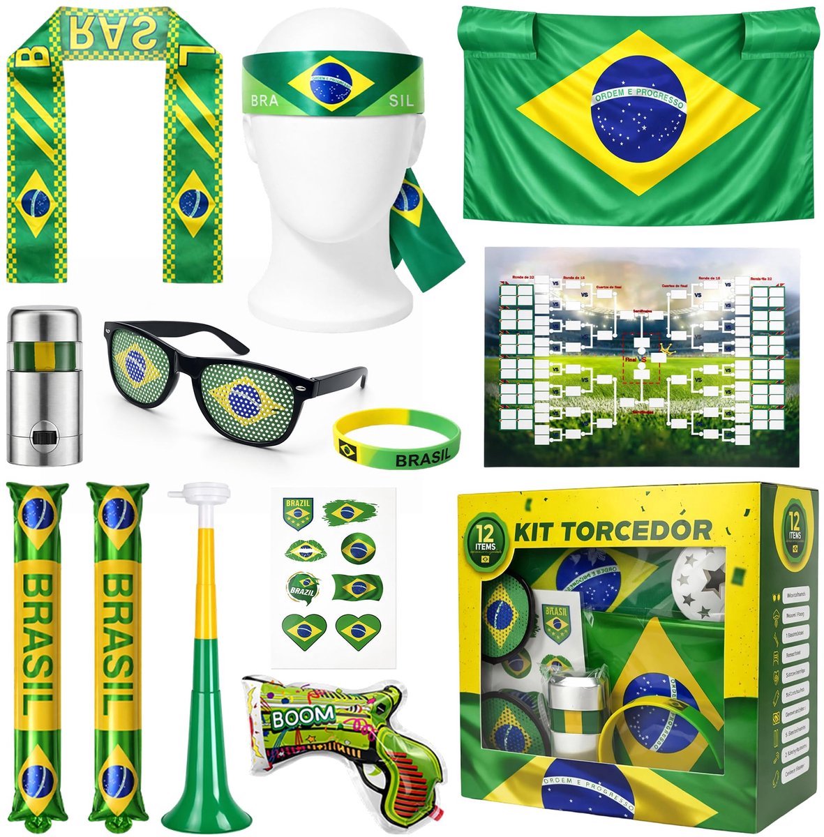 casalora Braziliaanse Supportersset 12-delig – Voetbal Fanpakket met Vlag 150x90 cm, Opblaasbare Klappers, Toeter, Gezichtsverf, Bril en Fan Accessoires