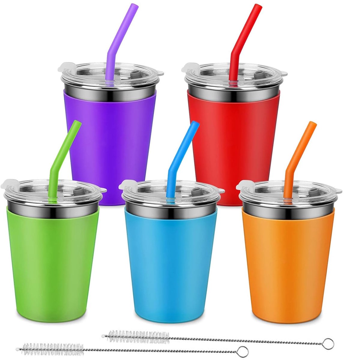 Allecto - Roestvrijstalen Drinkbeker - Herbruikbaar - Onbreekbaar - 350 ml - Met Deksel en Rietjes - Geschikt voor Kinderen en Volwassenen - 5 Stuks