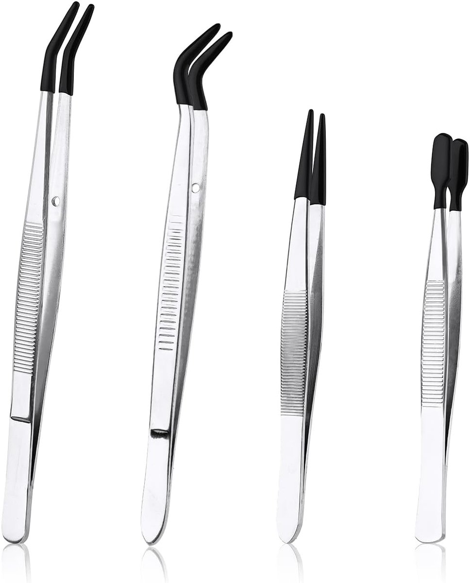 4 Pincetten met Rubberen Punten, Roestvrijstalen Pincetgereedschap Inclusief Rechte Punt Platte Punt Lange Gebogen Pincet Voor Ambachten sierAden Maken Laboratorium (Zwart)