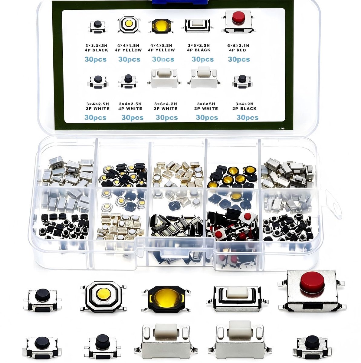 10 Value 300 Stuks Tactiele Schakelaar, Micro Schakelaar Smd Knop Tactiele Drukknop Schakelaar Mini Drukknop Schakelaar voor Auto Afstandsbediening Sleutel DIY en Kleine Power Elektronische