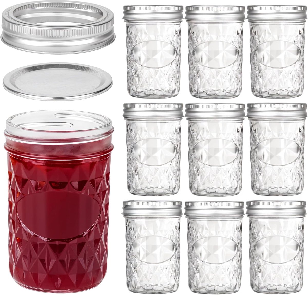 Glazen Mason Jars - Luchtdichte Deksels - Doorzichtige Containers - 250 ml - Bewaren van Jam en Specerijen - Diepvriesveilig