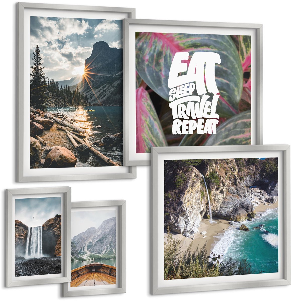 Coloray 5-Delige Schilderij Set - Waterval Bergen Reizen Natuur Lodz | Vegetatie - 20 x 30 cm - Moderne Wanddecoratie - Woonkamer