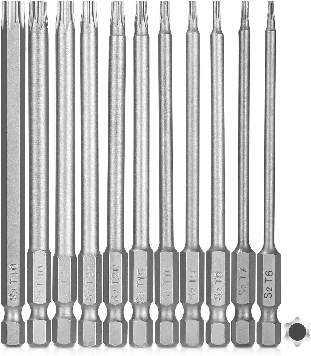 11 stuks Torx lange schroevendraaierbitset, magnetische schroevendraaierbits, 1/4 inch sterkop schroevendraaierset T6-T40 100 mm