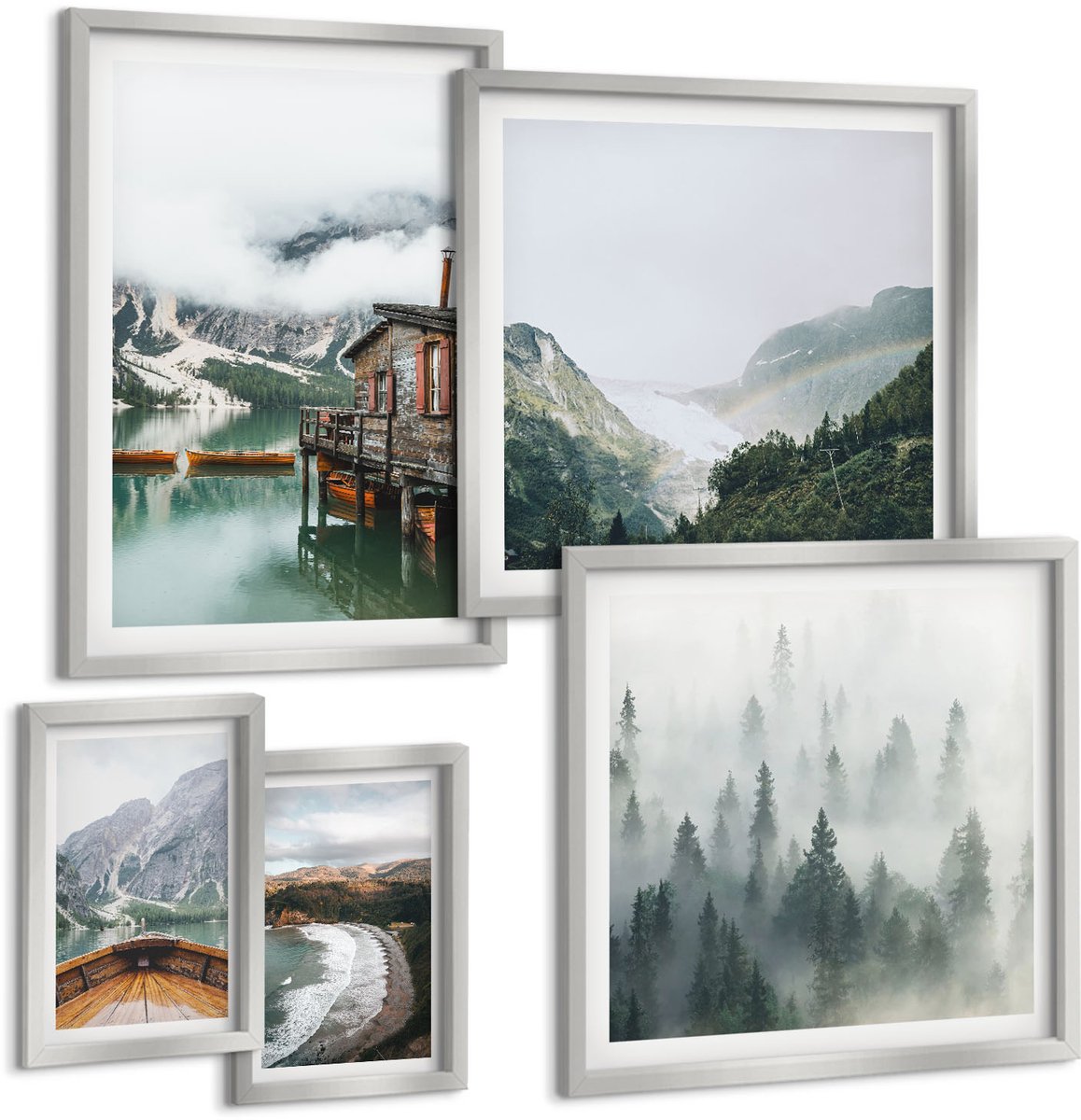 Coloray 5-Delige Schilderij Set - Wolkengebergte Met Bomen En Vogels Op De Achtergrond - 20 x 30 cm - Stijlvolle Wanddecoratie - Interieur - Decoratieve Schilderijen
