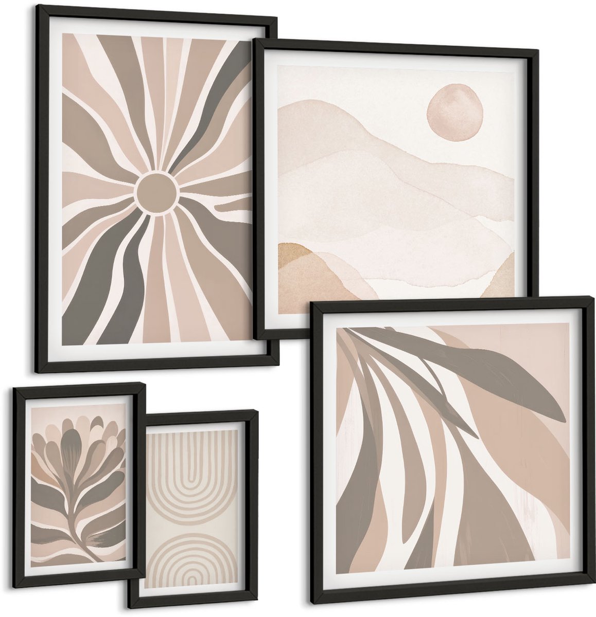 Coloray 5-Delige Schilderij Set - Stijlvolle Abstracte Composities In Natuurlijke Tinten. - 50 x 50 cm, 20 x 30 cm En 40 x 60 cm - Muurdecoratie - Interieur Decoratie - Moderne Wanddecoratie