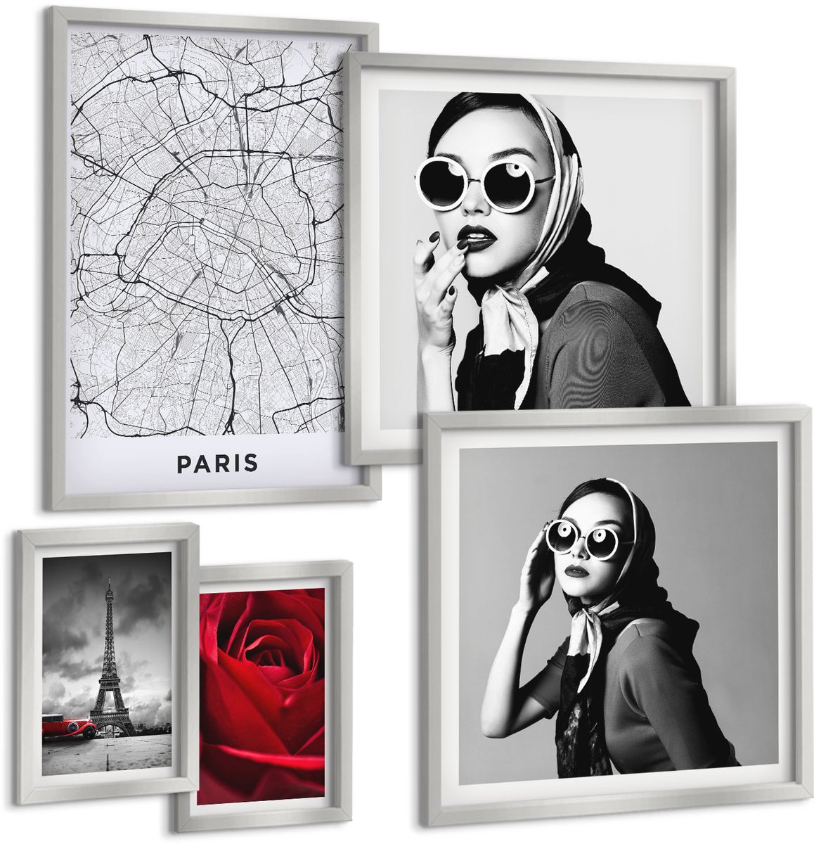 Coloray 5-Delige Schilderij Set - Parijse Vrouw Met Bril, Roos En Eiffeltoren - 20 x 30 cm - Moderne Wanddecoratie - Slaapkamer - Decoratieve Schilderijen