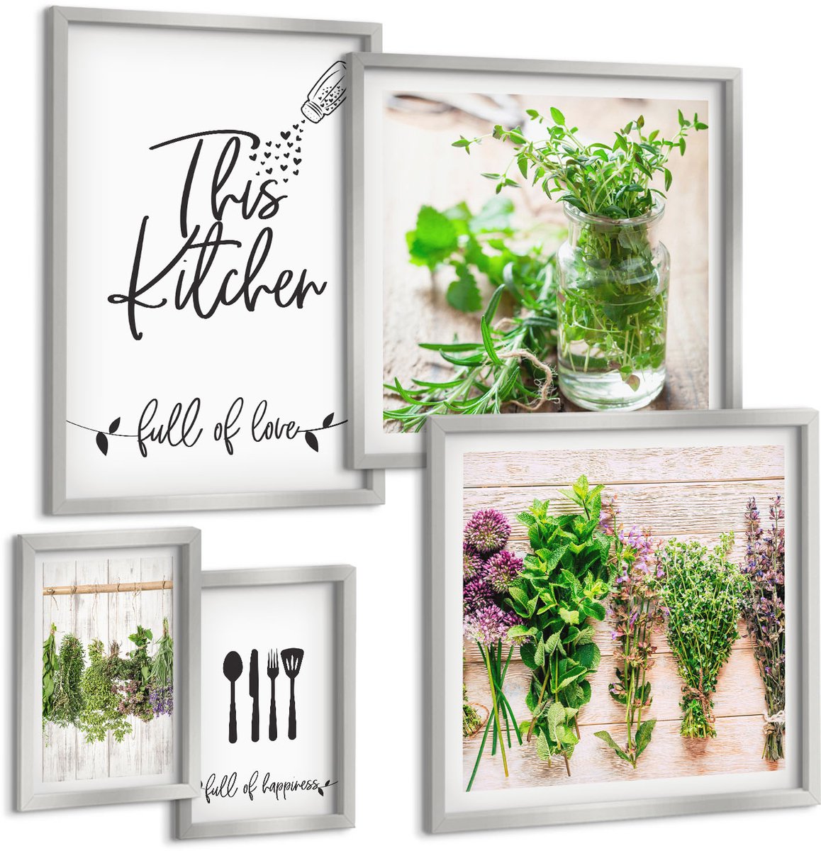 Coloray 5-Delige Schilderij Set - Kruiden En Planten Drogen Voor In De Keuken - 20 x 30 cm - Muurdecoratie - Wanddecoratie - Hal - Moderne Wanddecoratie