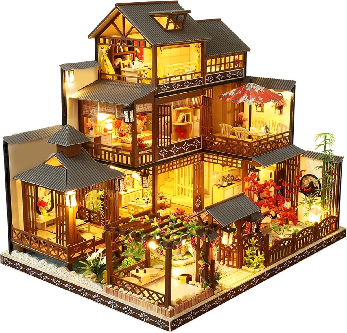 Miniatuurhuis DIY van Hout met LED-verlichting, 3D Houten Puzzel voor Volwassenen, Steampunk Miniatuurstad met Vintage Trein, Creatieve Boekenkast Decoratie