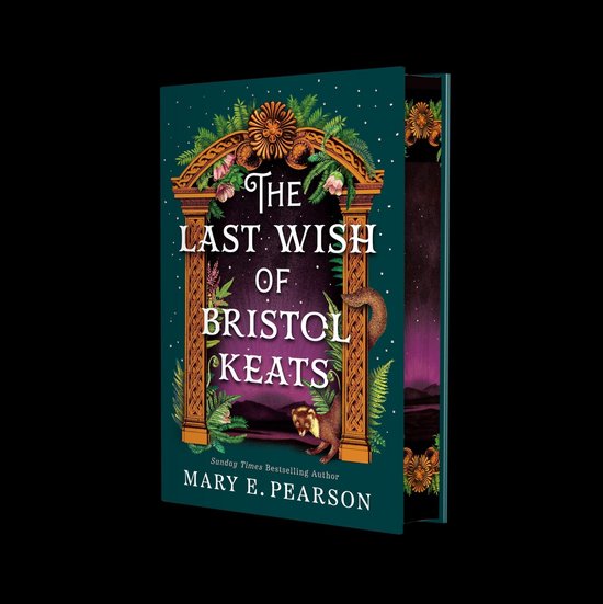 Boek kaft met gouden versieringen, de titel 'The Last Wish of Bristol Keats' en een vos. Donkergroene achtergrond met sterren.