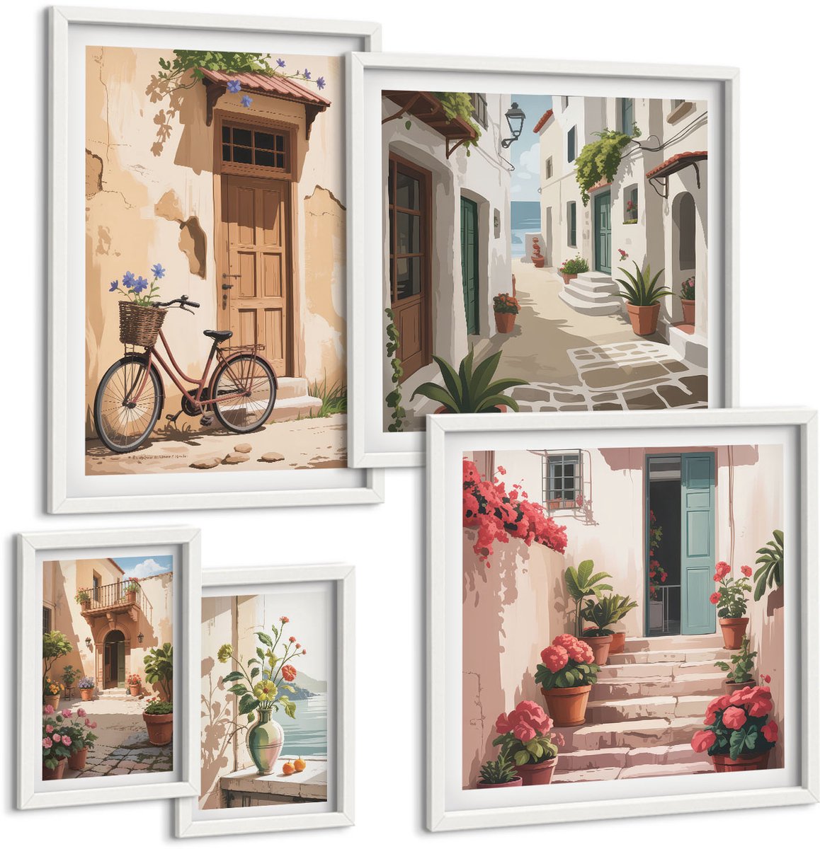 Coloray 5-Delige Schilderij Set - Sfeervolle Straatjes Met Fietsen En Bloemen In Potten. - 50 x 50 cm, 20 x 30 cm En 40 x 60 cm - Wanddecoratie - Muurdecoratie - Moderne Interieurdecoratie - Stijlvolle Muurdecoratie