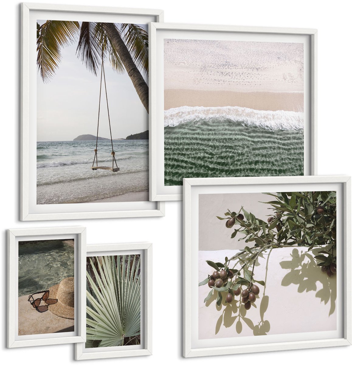 Coloray 5-Delige Schilderij Set - Tropische Stranden, Ontspanning En Natuur In Harmonie. - 50 x 50 cm, 20 x 30 cm En 40 x 60 cm - Muurdecoratie - Schilderijen Set - Woonkamer - Interieur Decoratie