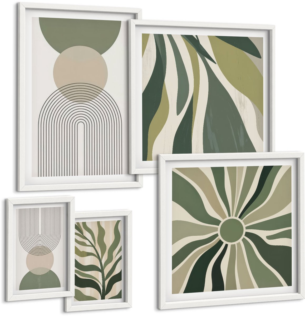 Coloray 5-Delige Schilderij Set - Stijlvolle Abstracties In Tinten Groen En Beige. - 50 x 50 cm, 20 x 30 cm En 40 x 60 cm - Decoratieve Muurdecoratie - Slaapkamer - Moderne Wanddecoratie