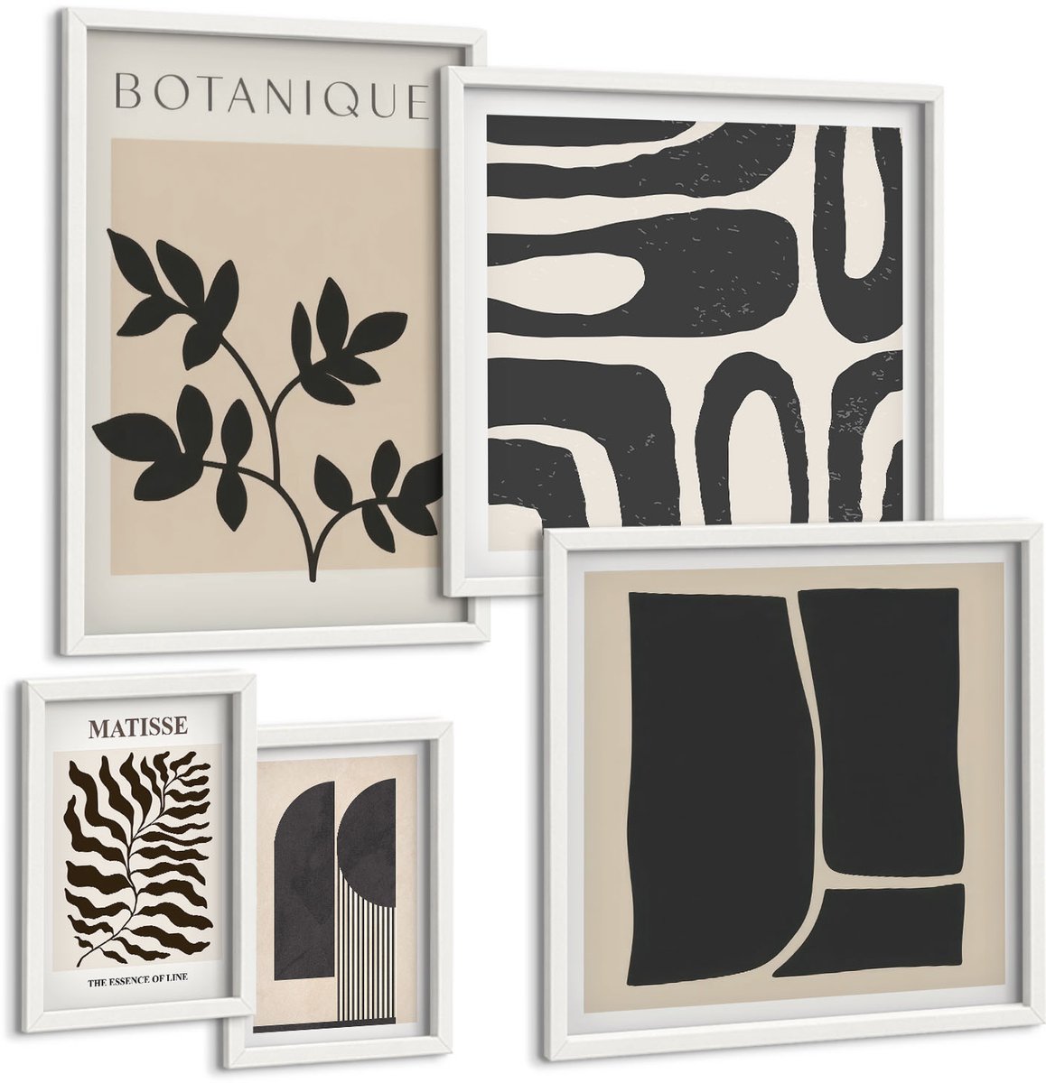 Coloray 5-Delige Schilderij Set - Stijlvolle Grafische Vormgeving In Natuurlijke En Abstracte Tinten. - 50 x 50 cm, 20 x 30 cm En 40 x 60 cm - Muurdecoratie - Wanddecoratie - Hal - Stijlvolle Muurdecoratie
