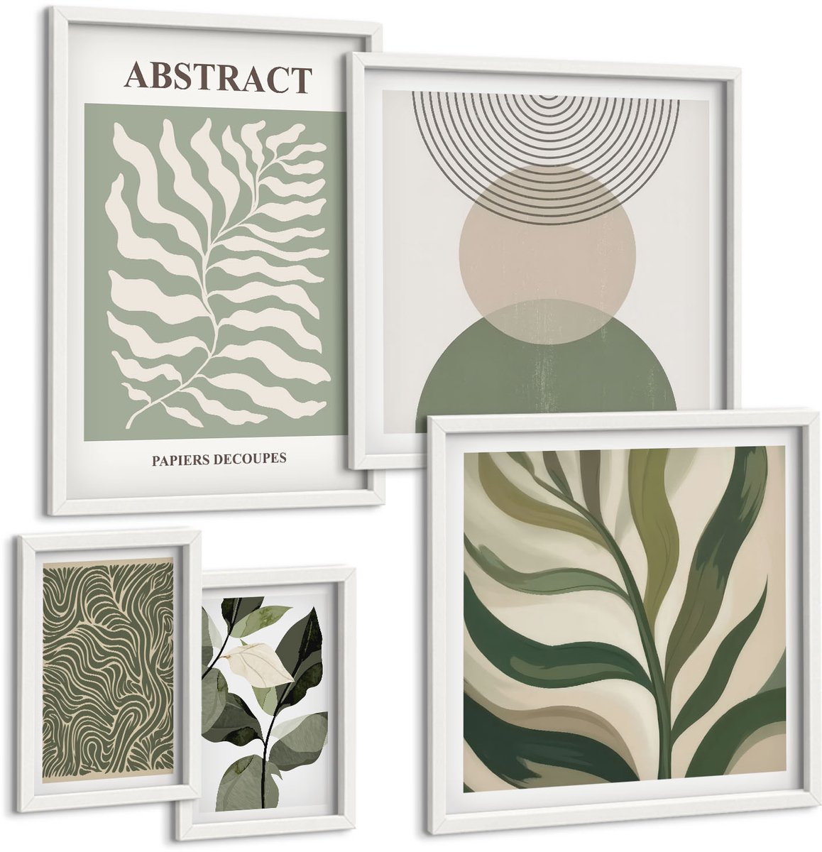 Coloray 5-Delige Schilderij Set - Abstracte Composities Met Plantmotieven En -Patronen - 50 x 50 cm, 20 x 30 cm En 40 x 60 cm - Wanddecoratie - Muurdecoratie - Moderne Interieurdecoratie - Moderne Wanddecoratie