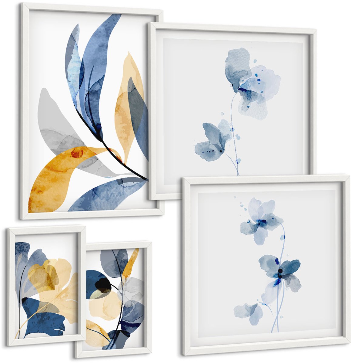 Coloray 5-Delige Schilderij Set - Plantmotieven In Pasteltinten Voor Interieurs - 50 x 50 cm, 20 x 30 cm En 40 x 60 cm - Wanddecoratie - Woonkamer Decoratie - Interieur Decoratie