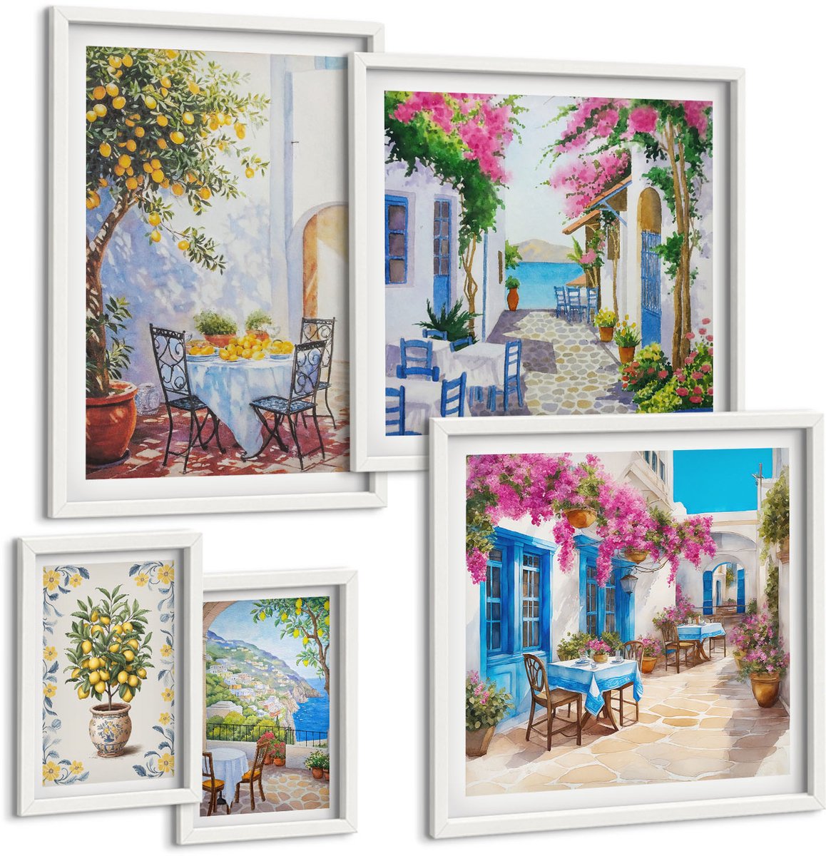 Coloray 5-Delige Schilderij Set - Charmante Mediterrane Landschappen Met Bloemen En Fruit. - 50 x 50 cm, 20 x 30 cm En 40 x 60 cm - Wanddecoratie - Muurdecoratie - Woonkamer