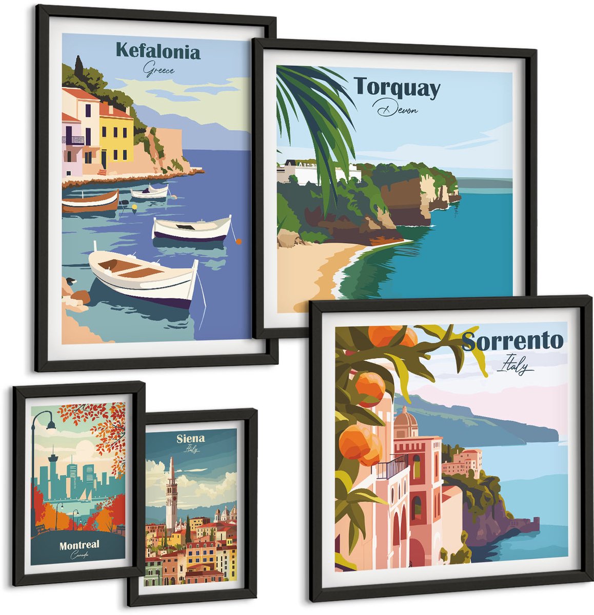 Coloray 5-Delige Schilderij Set - Kustlandschappen Van Europese Toeristische Bestemmingen - 50 x 50 cm, 20 x 30 cm En 40 x 60 cm - Muurdecoratie - Schilderijen Set - Woonkamer - Interieur Decoratie