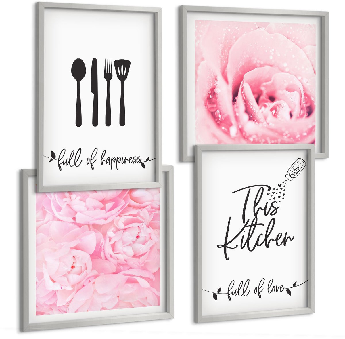 Coloray 4-Delige Schilderij Set - Keukenopschriften Delicate Rozenbloemen - 40 x 40 cm En 40 x 60 cm - Moderne Wanddecoratie - Slaapkamer - Decoratieve Schilderijen