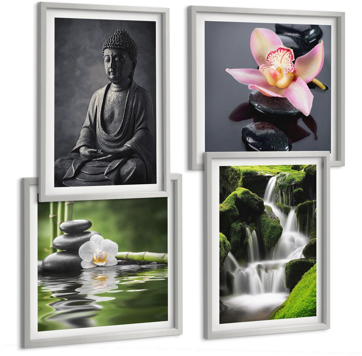 Coloray 4-Delige Schilderij Set - Rustgevende Zen-Afbeeldingen Met Water, Stenen En Boeddha - 40 x 40 cm En 40 x 60 cm - Wanddecoratie - Woonkamer Decoratie - Moderne Wanddecoratie