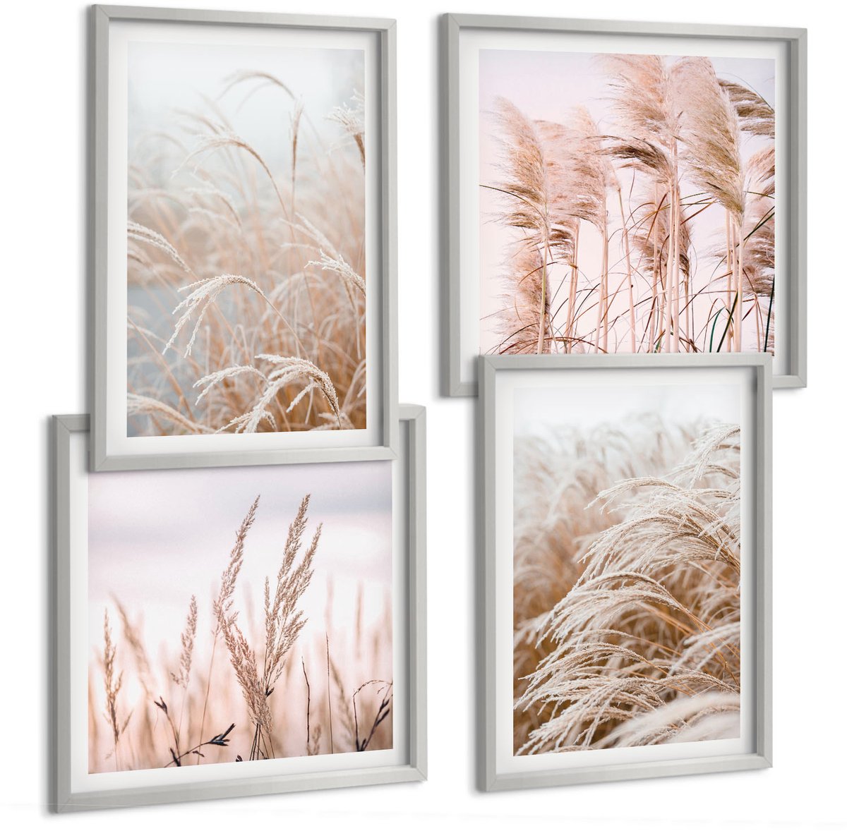Coloray 4-Delige Schilderij Set - Grasvelden In Delicate Tinten Bruin En Beige. - 40 x 40 cm En 40 x 60 cm - Wanddecoratie - Schilderijen Set - Interieur - Decoratieve Schilderijen