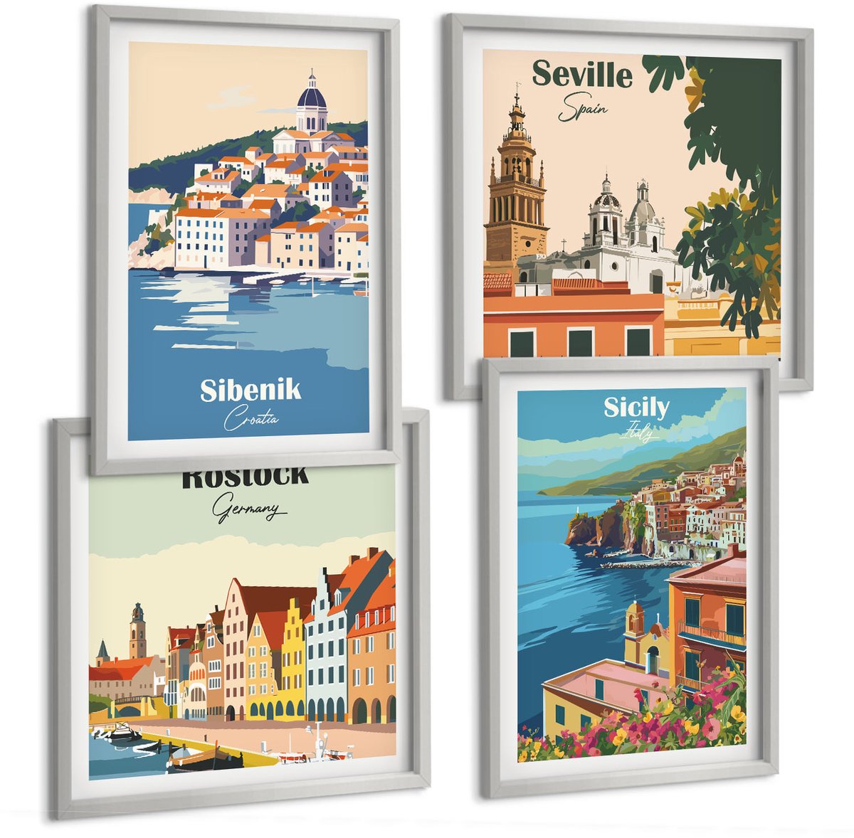 Coloray 4-Delige Schilderij Set - Europese Stadsgezichten Met Kleurrijke Gebouwen - 40 x 40 cm En 40 x 60 cm - Wanddecoratie - Muurdecoratie - Woonkamer