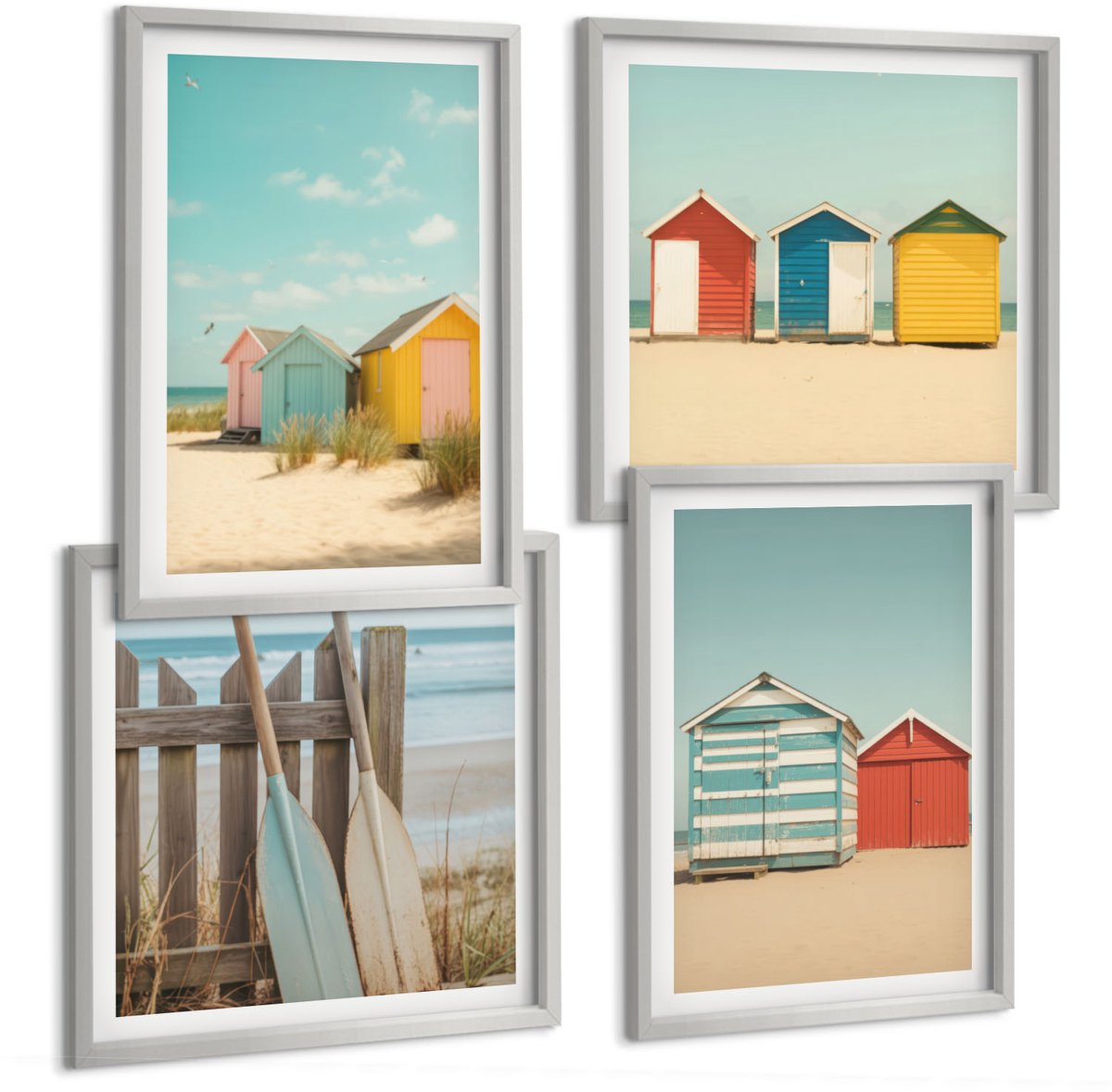 Coloray 4-Delige Schilderij Set - Kleurrijke Strandhuisjes Op Een Zonnige Dag - 40 x 40 cm En 40 x 60 cm - Muurdecoratie - Wanddecoratie - Slaapkamer - Stijlvolle Muurdecoratie