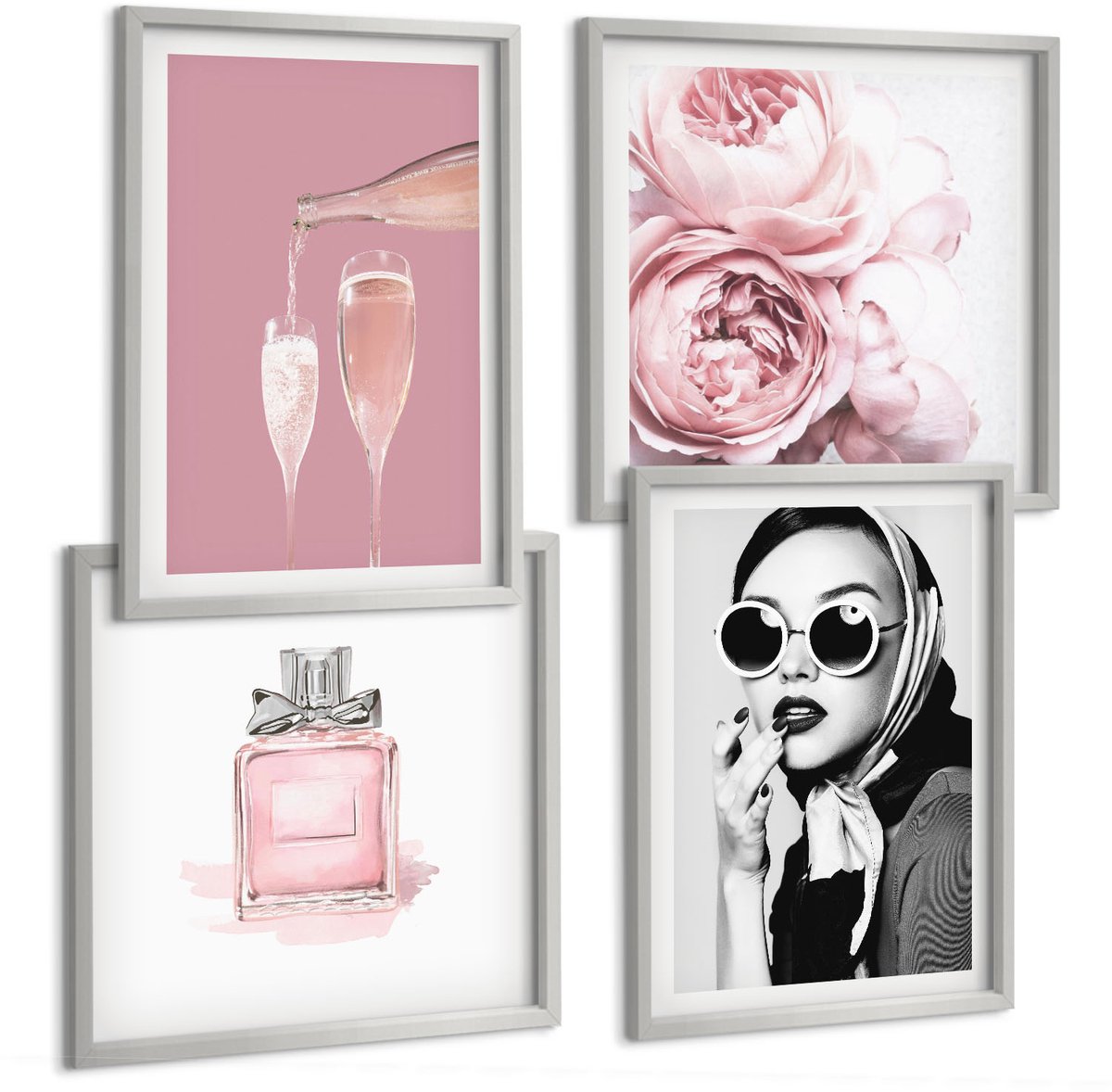 Coloray 4-Delige Schilderij Set - Stijlvolle Vrouwelijke Accessoires In Roze Tinten - 40 x 40 cm En 40 x 60 cm - Wanddecoratie - Muurdecoratie - Woonkamer - Moderne Wanddecoratie