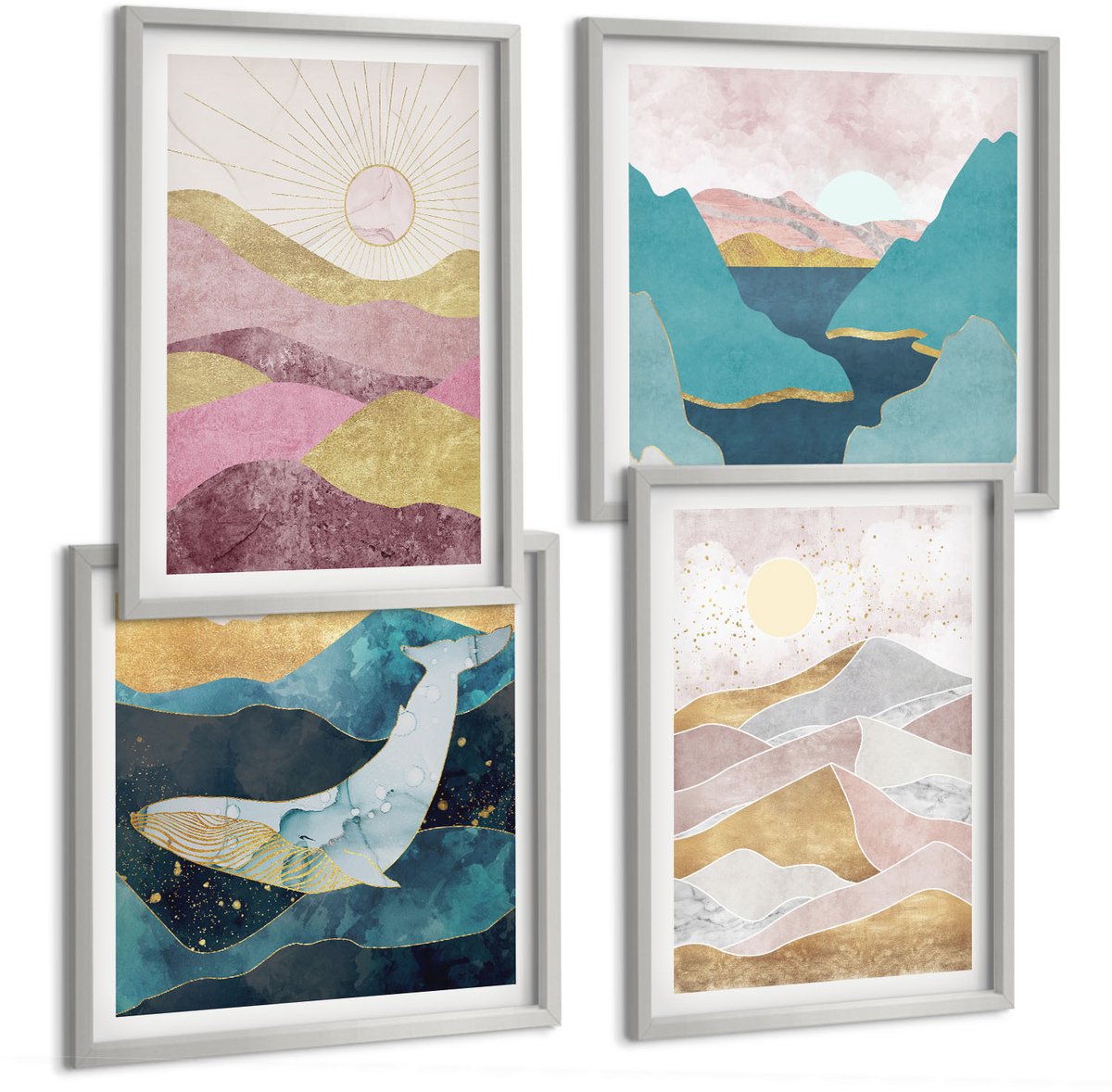 Coloray 4-Delige Schilderij Set - Abstracte Landschappen Met Bergen En Zon - 40 x 40 cm En 40 x 60 cm - Muurdecoratie - Wanddecoratie - Slaapkamer - Decoratieve Schilderijen