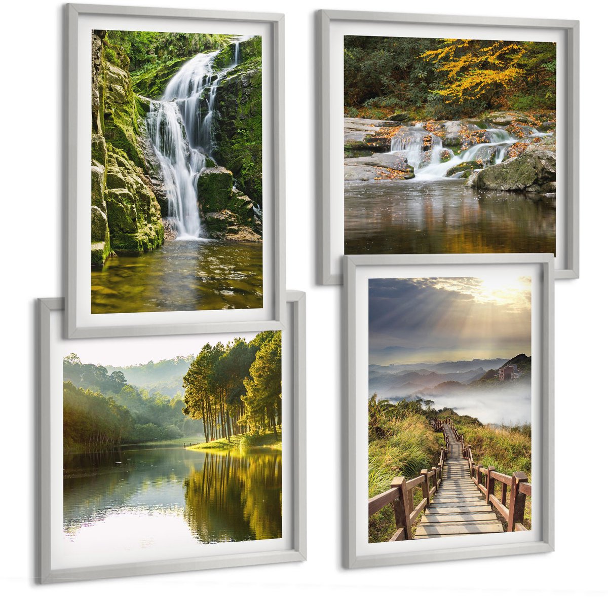 Coloray 4-Delige Schilderij Set - Watervallen, Bergen, Wolkenpaden En Herfstgezichten - 40 x 40 cm En 40 x 60 cm - Wanddecoratie - Muurdecoratie - Moderne Interieurdecoratie - Woonkamer Decoratie