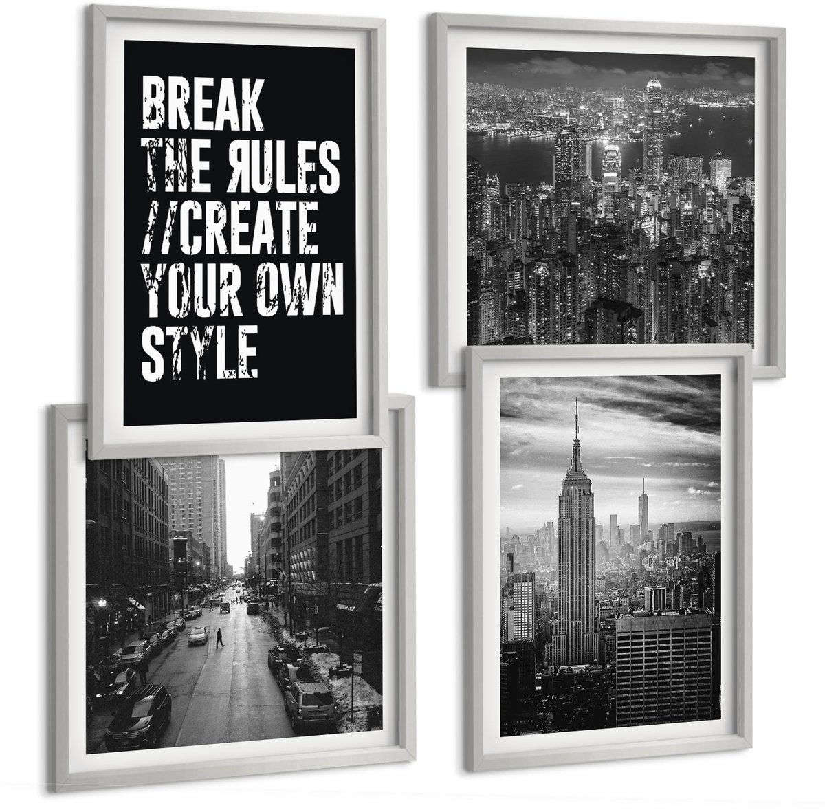 Coloray 4-Delige Schilderij Set - Stadsstraten In Zwart-Wit Met Inspirerende Letters - 40 x 40 cm En 40 x 60 cm - Muurdecoratie - Schilderijen Set - Woonkamer - Moderne Wanddecoratie