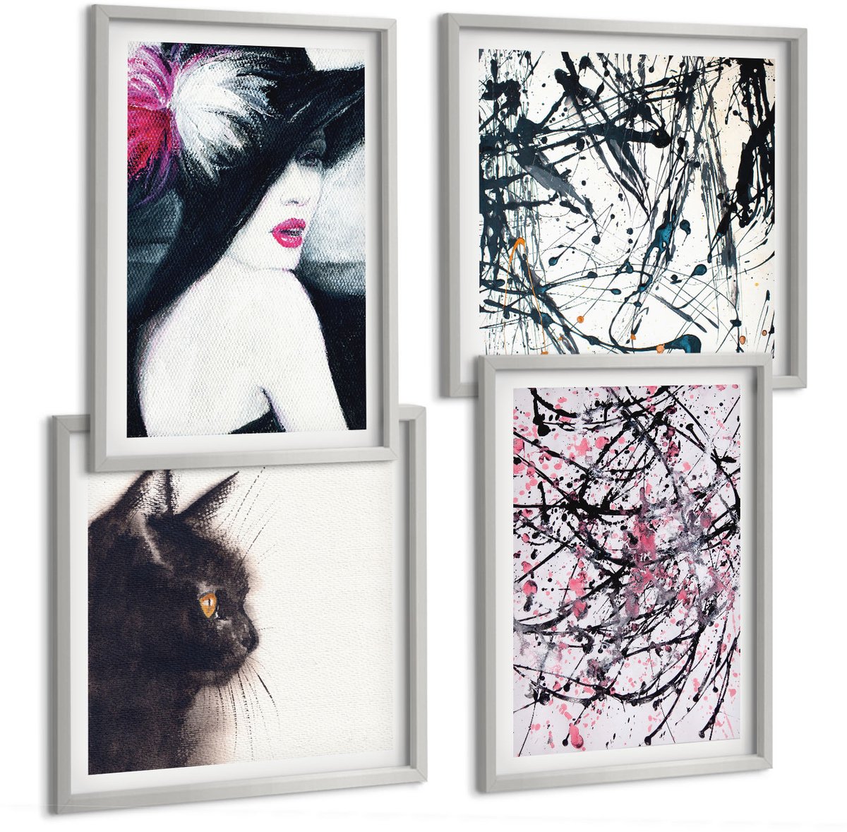Coloray 4-Delige Schilderij Set - Abstracte Verfpatronen Vrouw Met Hoed Kat - 40 x 40 cm En 40 x 60 cm - Muurdecoratie - Decoratieve Schilderijen - Wohnzimmer - Moderne Wanddecoratie