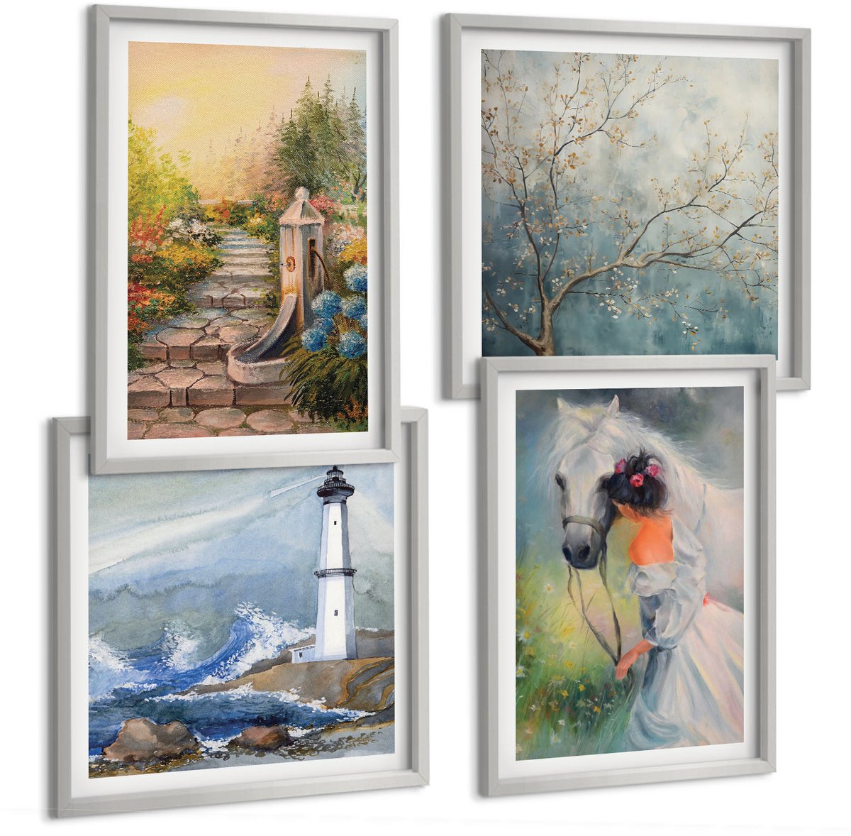 Coloray 4-Delige Schilderij Set - Natuurlandschap, Vuurtoren En Meisje Met Paard - 40 x 40 cm En 40 x 60 cm - Muurdecoratie - Wanddecoratie - Slaapkamer - Woonkamer Decoratie