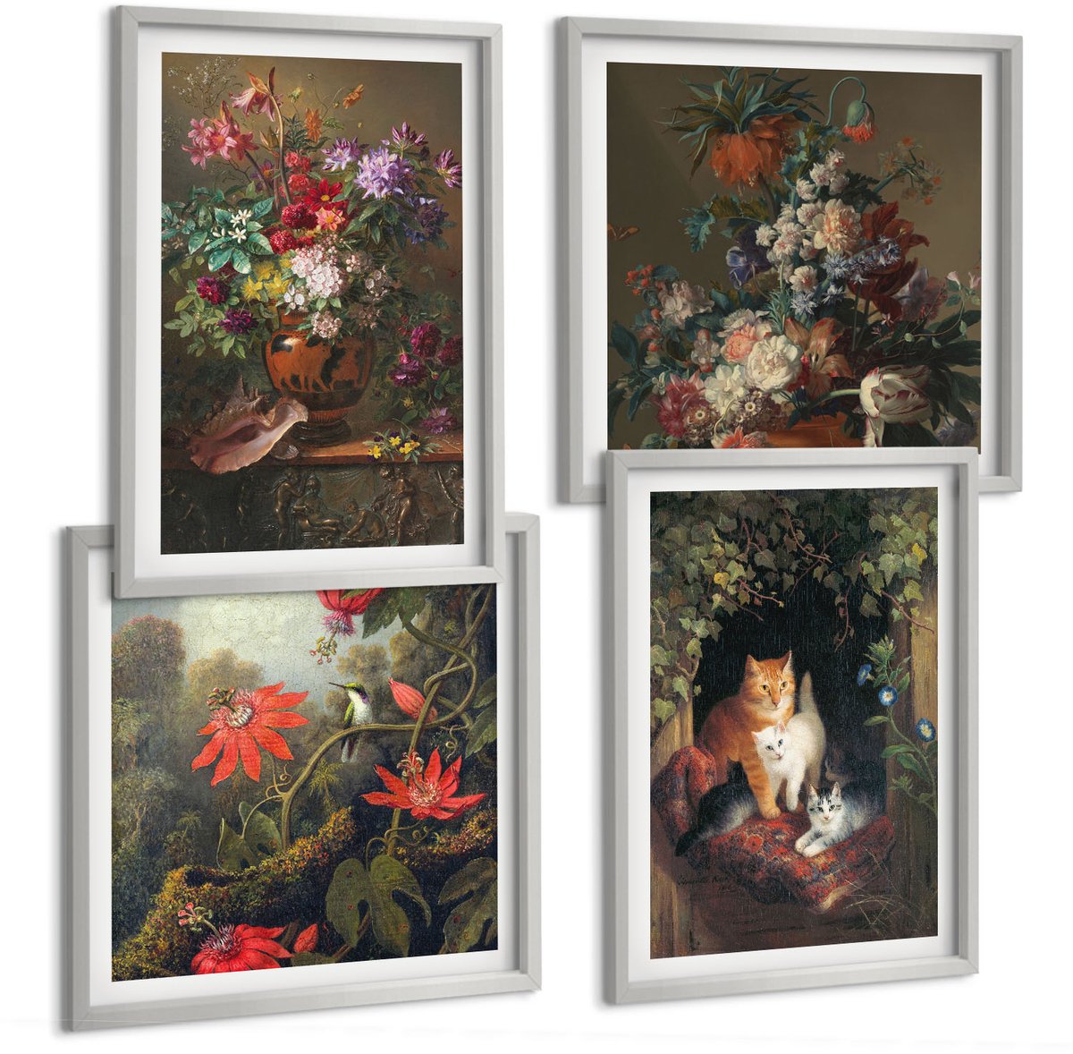 Coloray 4-Delige Schilderij Set - Vintage Bloemen, Katten En Planten In De Natuur - 40 x 40 cm En 40 x 60 cm - Wanddecoratie - Woonkamer Decoratie - Decoratieve Schilderijen