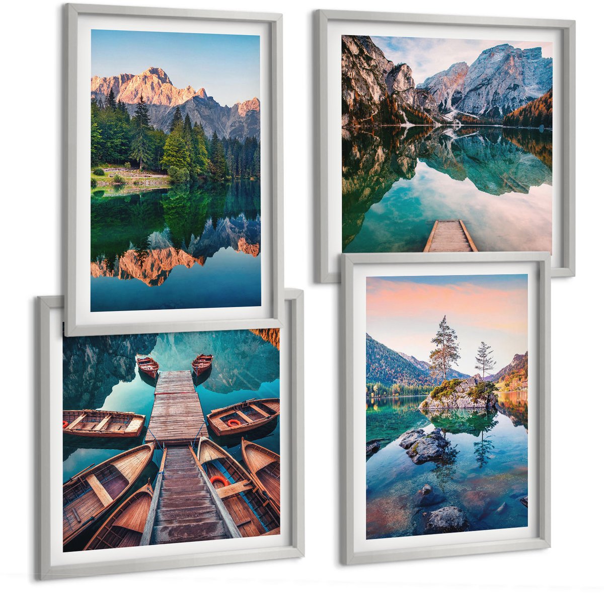 Coloray 4-Delige Schilderij Set - Bergmeren Met Weerspiegelingen In Het Water En Het Bos. - 40 x 40 cm En 40 x 60 cm - Wanddecoratie - Schilderijen Set - Interieur - Decoratieve Schilderijen