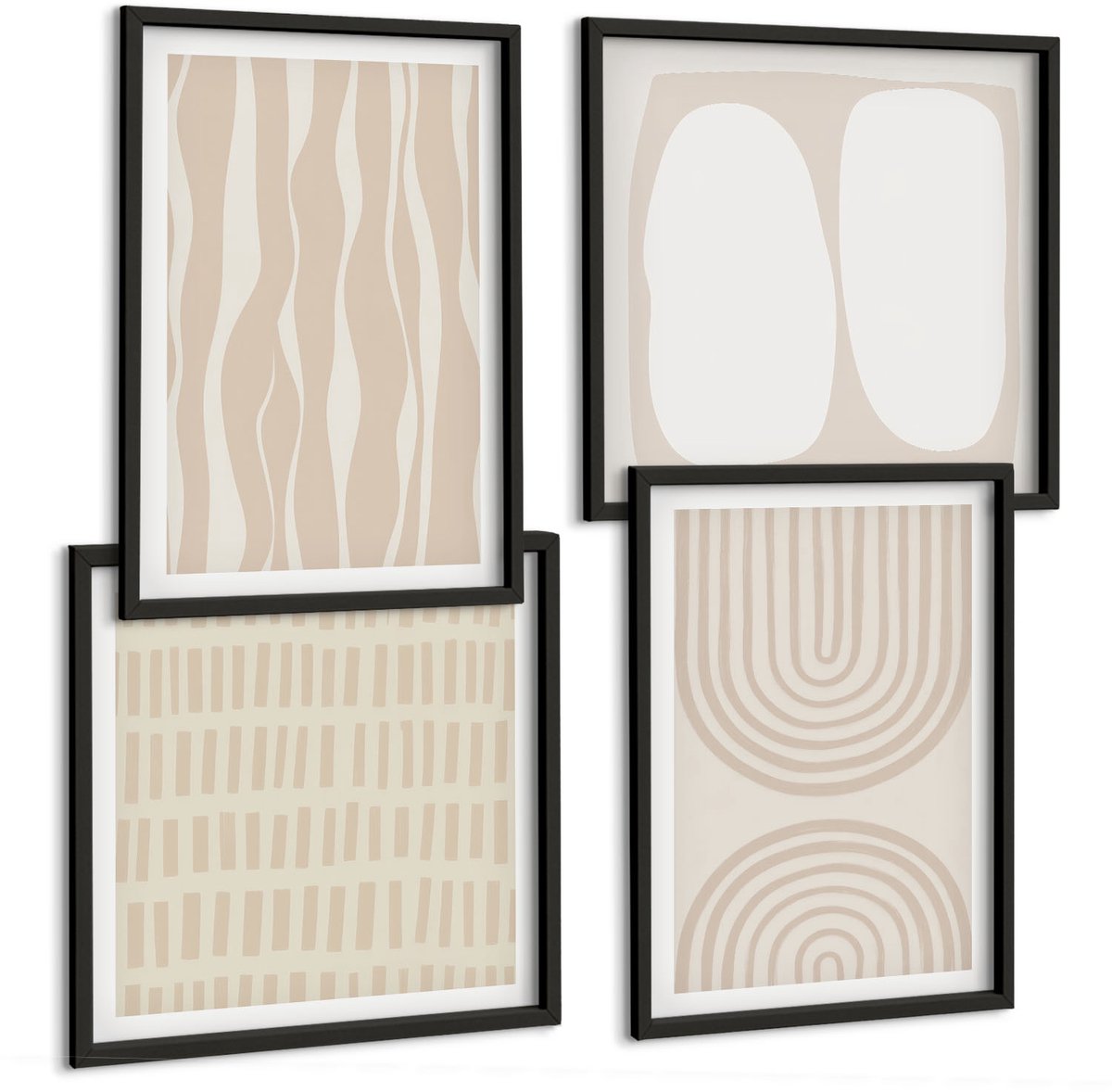 Coloray 4-Delige Schilderij Set - Abstracte Patronen, Onregelmatige Vormen, Boho - 40 x 40 cm En 40 x 60 cm - Decoratieve Schilderijen - Woonkamer - Interieur - Wanddecoratie Zwarte lijst