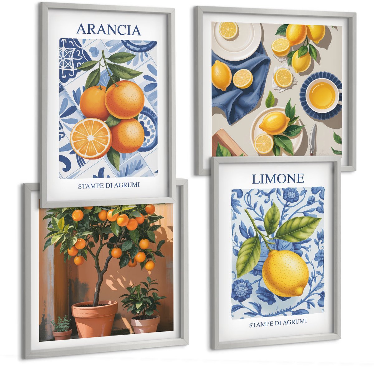 Coloray 4-Delige Schilderij Set - Vintage Illustraties Van Citrusvruchten - 40 x 40 cm En 40 x 60 cm - Decoratieve Schilderijen - Woonkamer - Interieur - Moderne Wanddecoratie
