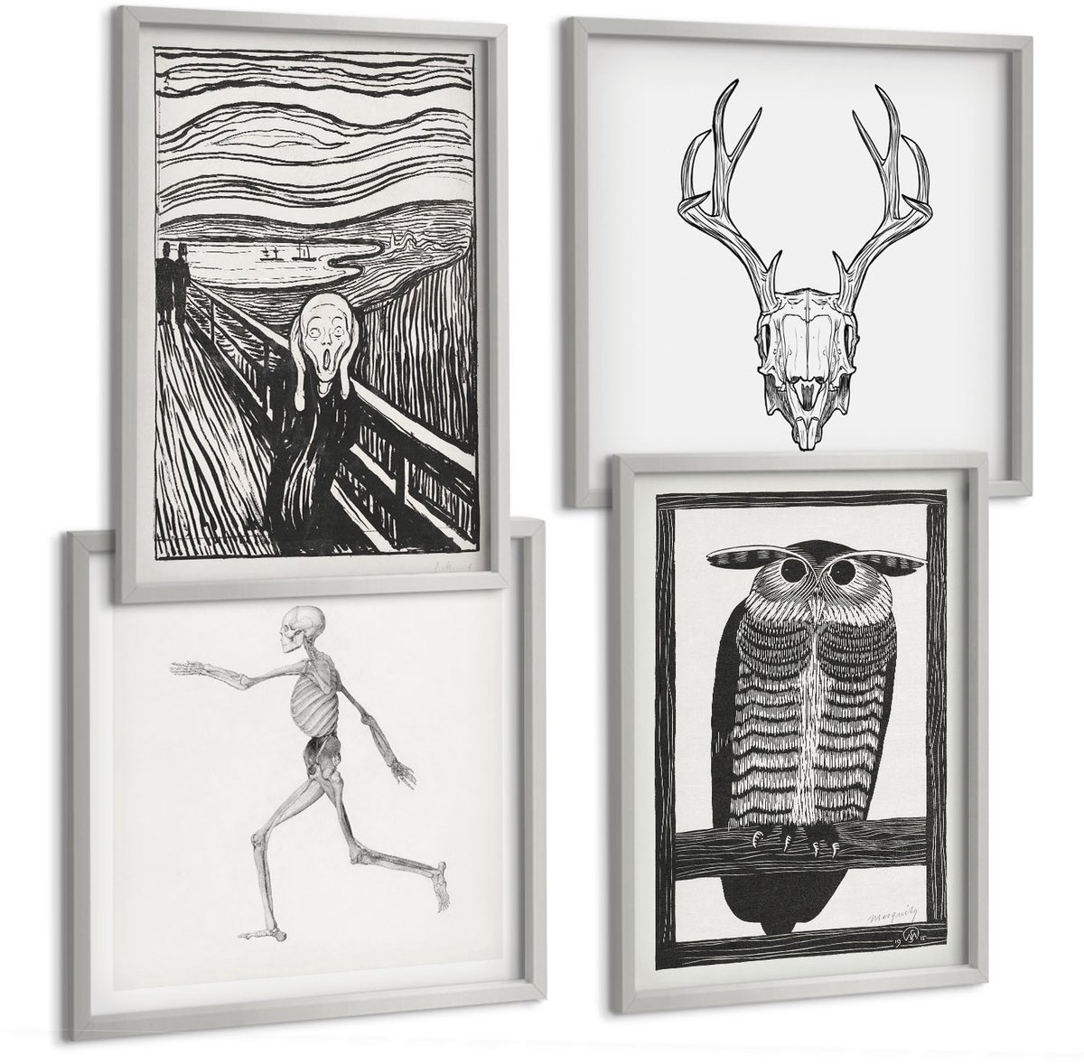 Coloray 4-Delige Schilderij Set - Inspiratiebeeld: Schreeuw Met Schedel En Uil In Grafische Stijl - 40 x 40 cm En 40 x 60 cm - Schilderijen Set - Wanddecoratie - Woonkamer - Decoratieve Schilderijen